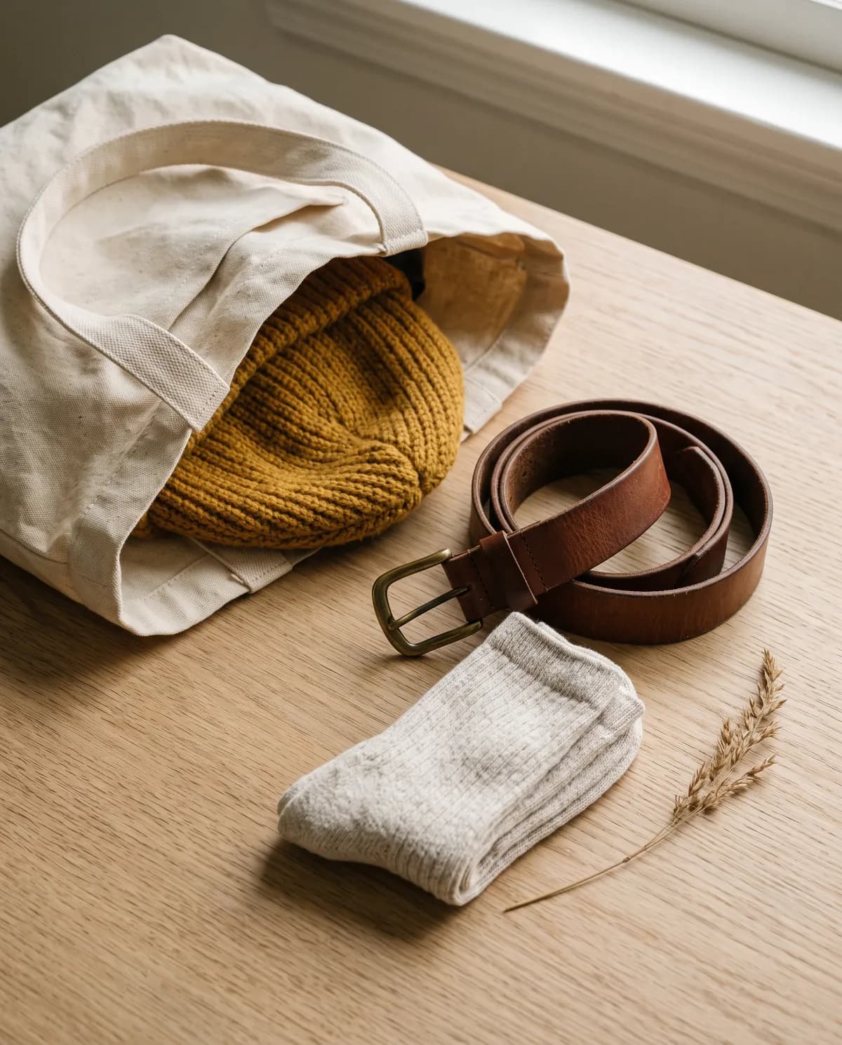 A canvas tote bag, a mustard knit beanie, a brown leather belt and cream socks on a wooden table.