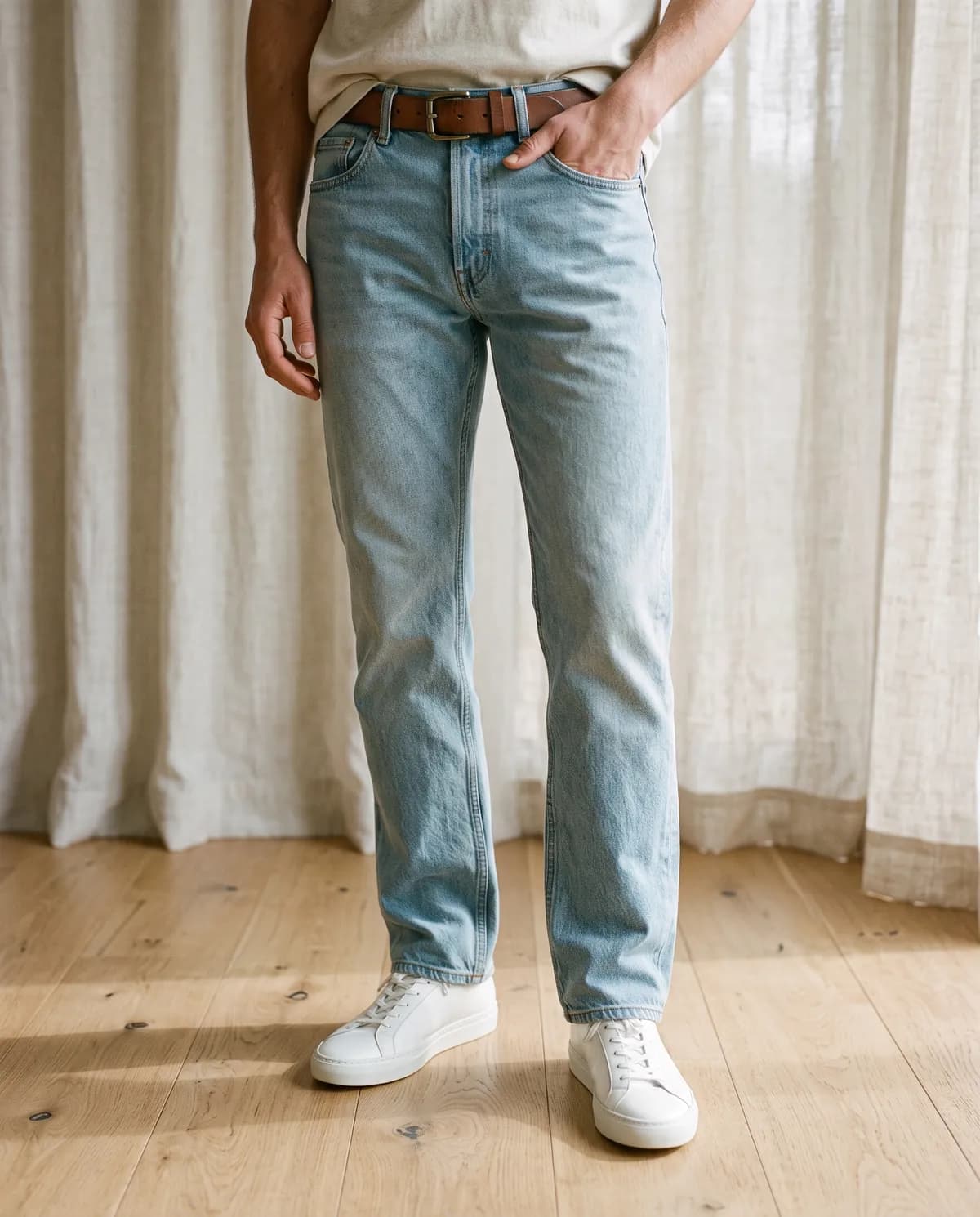 Light-wash straight-leg jeans and white sneakers, standing on a pale wooden floor.