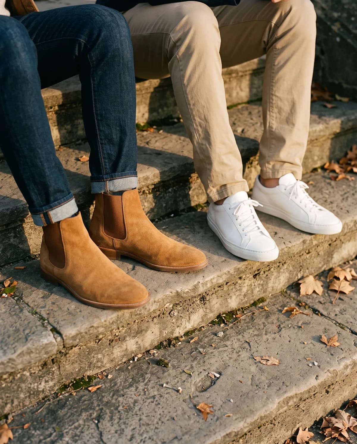 Tan suede Chelsea boots and white leather sneakers on stone steps scattered with autumn leaves.
