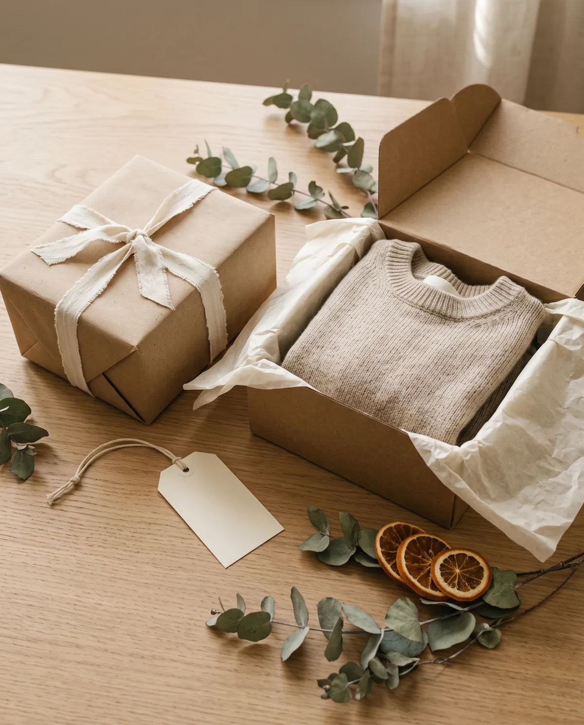 A kraft gift box holding a folded cream sweater, beside a wrapped present, eucalyptus and dried orange slices.