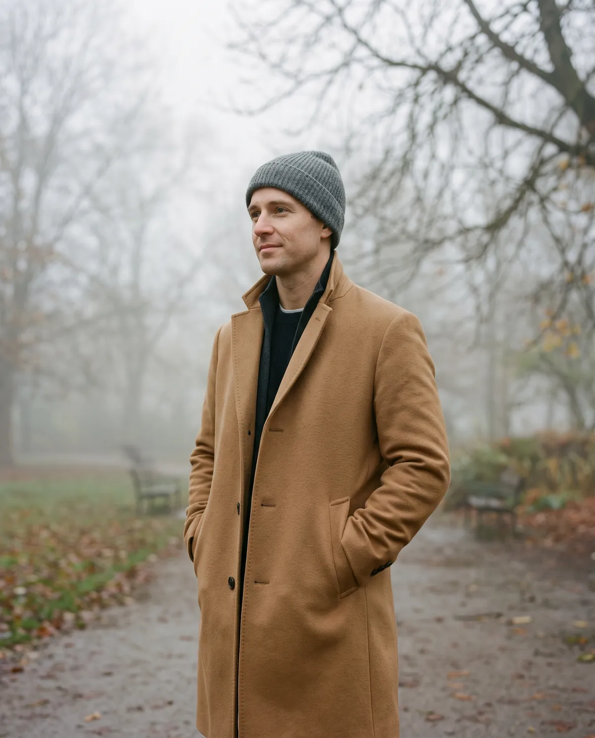 A man in a long camel overcoat and grey beanie in a misty autumn park.