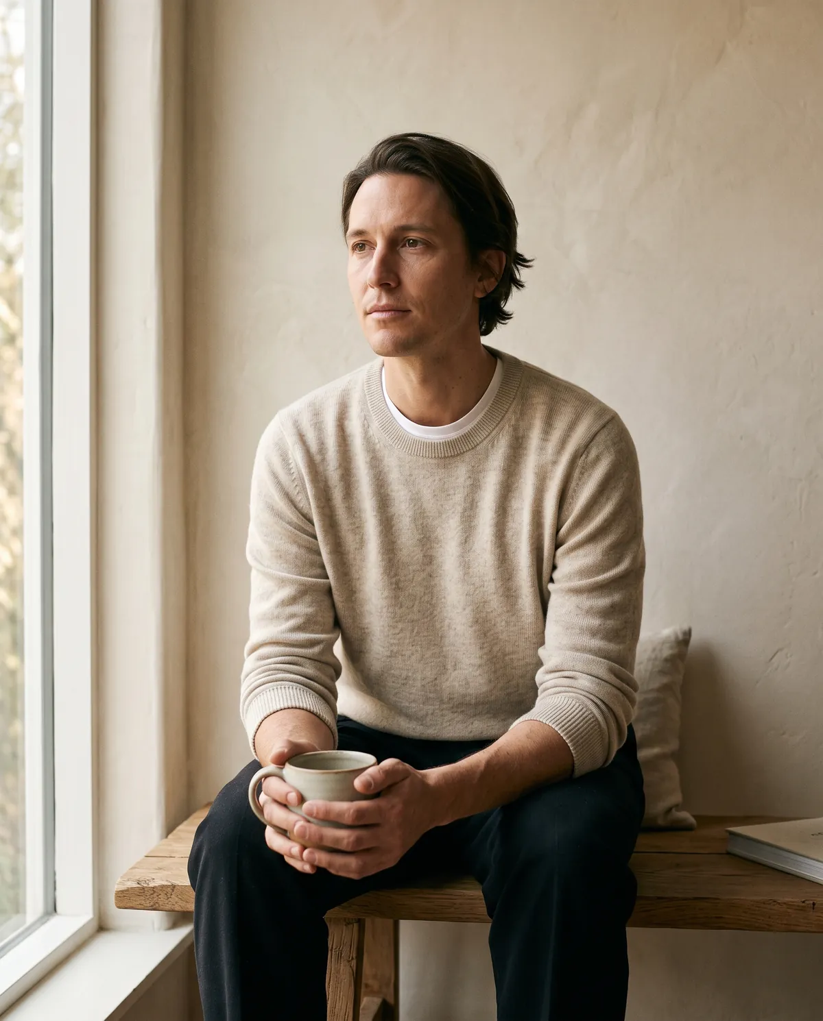 A man in an oatmeal crew-neck sweater sitting by a bright window, holding a mug.