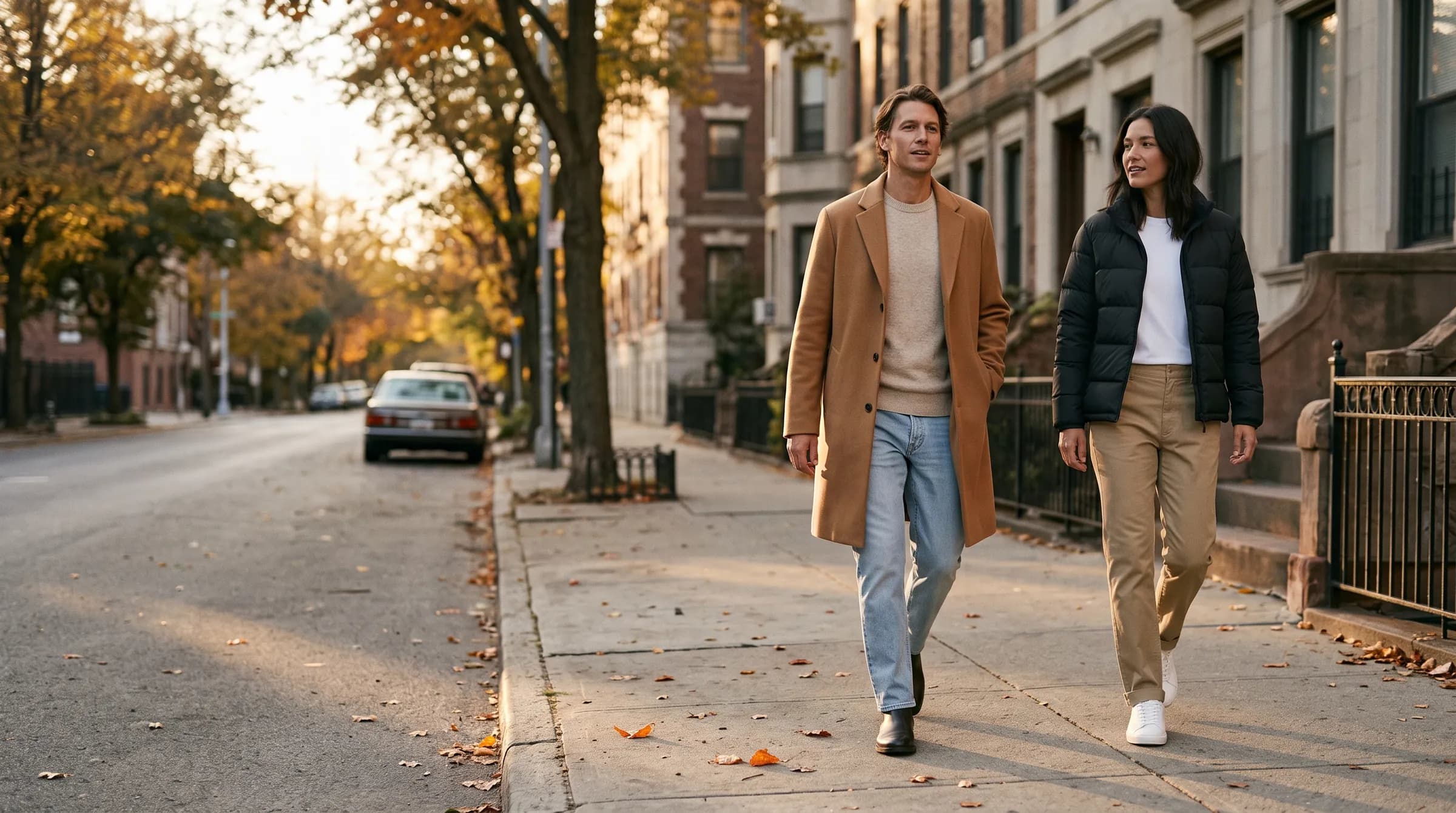 A couple walking along a tree-lined city street in autumn, one in a camel coat, the other in a black puffer jacket.