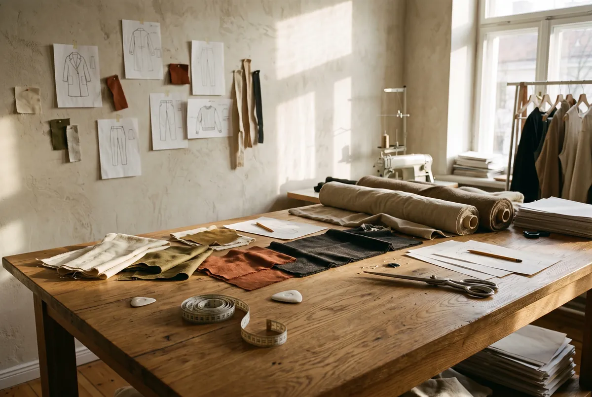 A sunlit design studio: a wooden worktable covered in fabric swatches, paper patterns and sketches pinned to the wall.